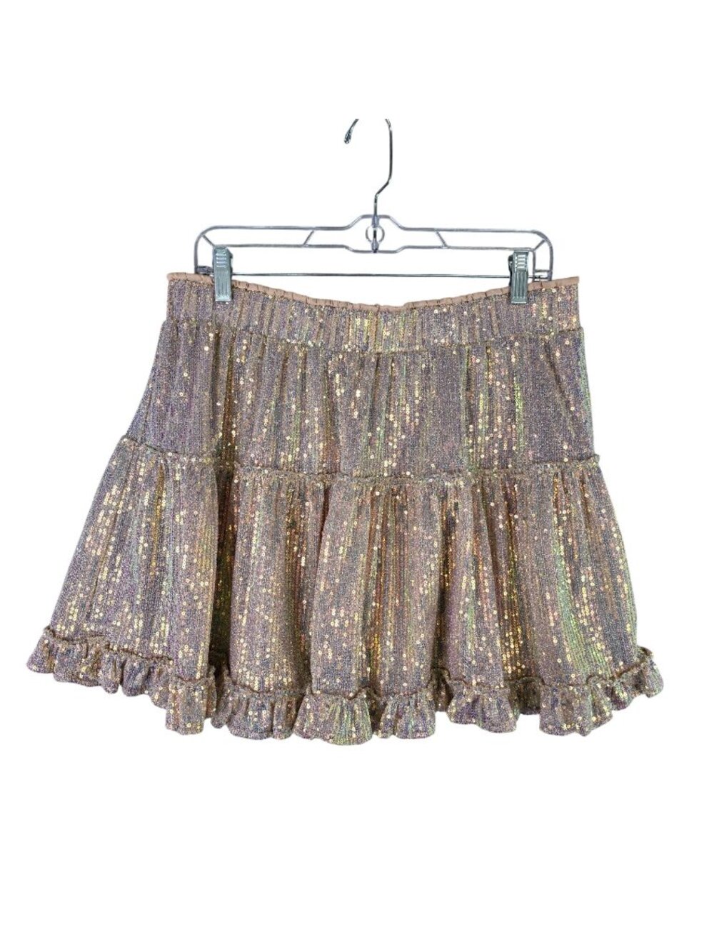 Womens Kori Sequin Tiered Mini Skirt With Ruffle Hem Elastic Waist Lined Size XL